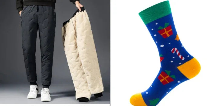 Man wearing black quilted pants holding beige fleece-lined pants, holiday-themed blue socks with gifts and candy canes