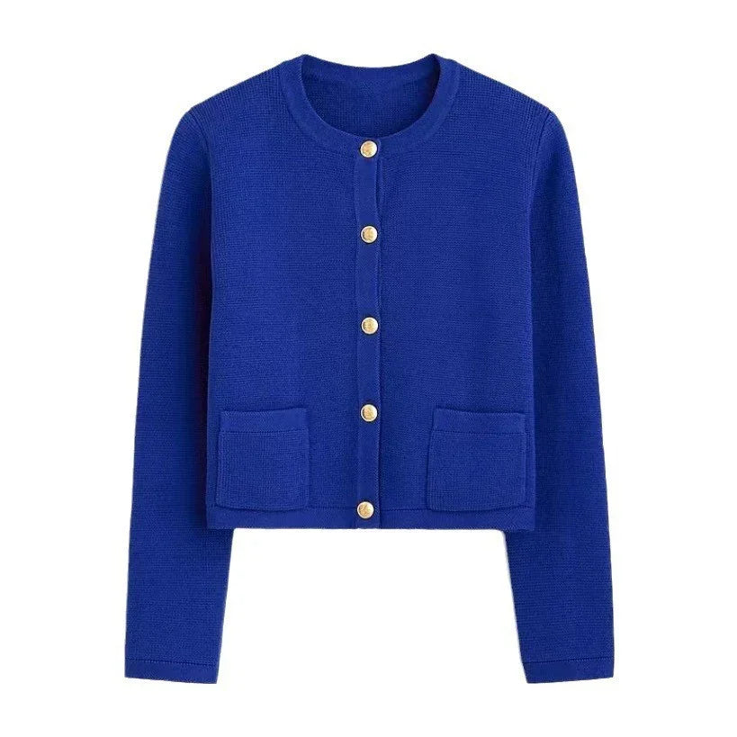 Blue knitted long sleeve cardigan with gold buttons and front pockets
