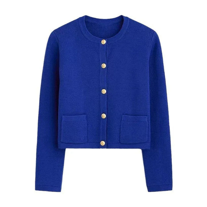 Blue knitted long sleeve cardigan with gold buttons and front pockets