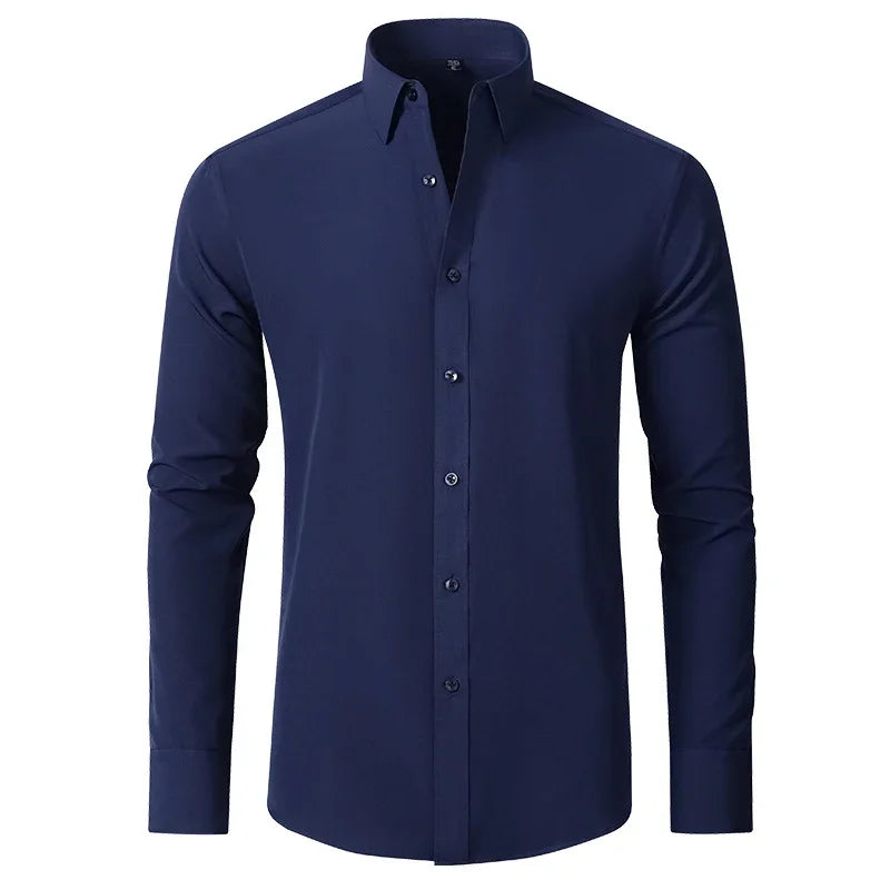 Men's navy blue long sleeve dress shirt with button-down collar and buttons