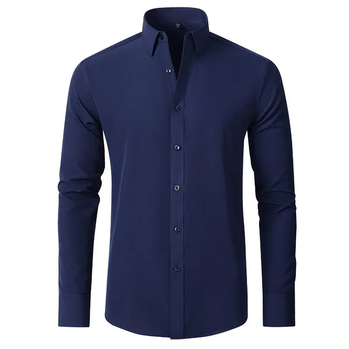 Men's navy blue long sleeve dress shirt with button-down collar and buttons