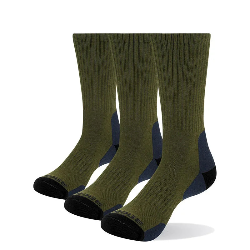 Set of three olive green and black cushioned crew socks with ribbed upper and reinforced heel