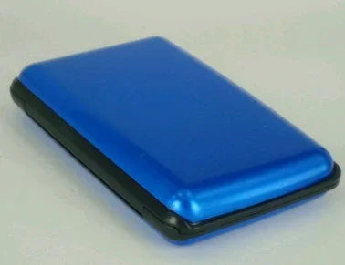 Blue and black portable external hard drive with sleek design on white surface