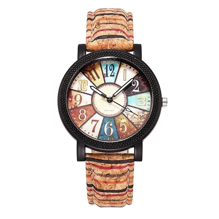 Vintage-style wristwatch with multicolor numbered dial and cork textured striped band