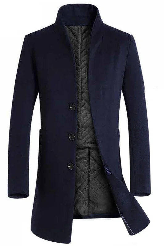 Men's navy blue wool blend buttoned coat with quilted black lining, standing collar