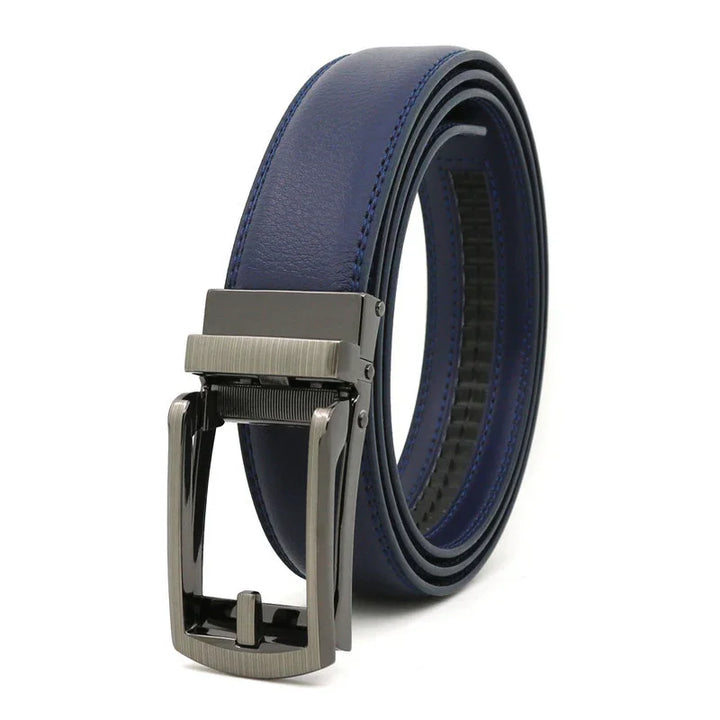 Blue leather men's belt with silver automatic ratchet buckle on white background