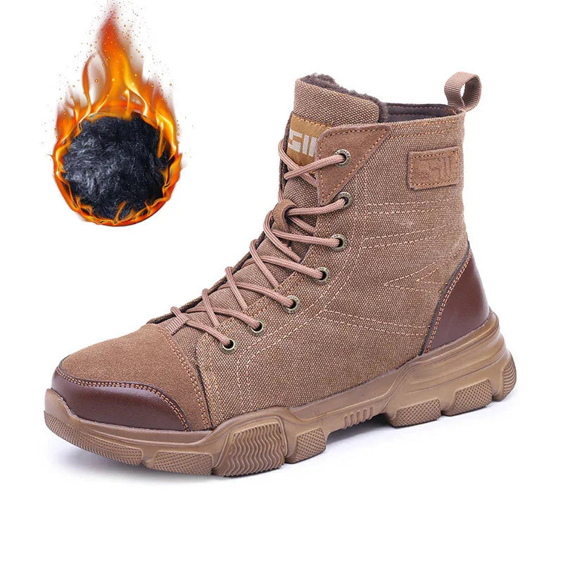 brown lace-up winter boot with rubber sole and warm fluffy lining beside flaming wool ball