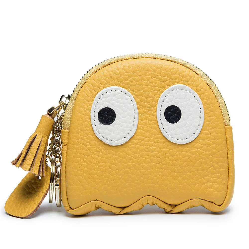 Yellow leather coin purse shaped like a ghost with white eyes and zipper tassel accessory