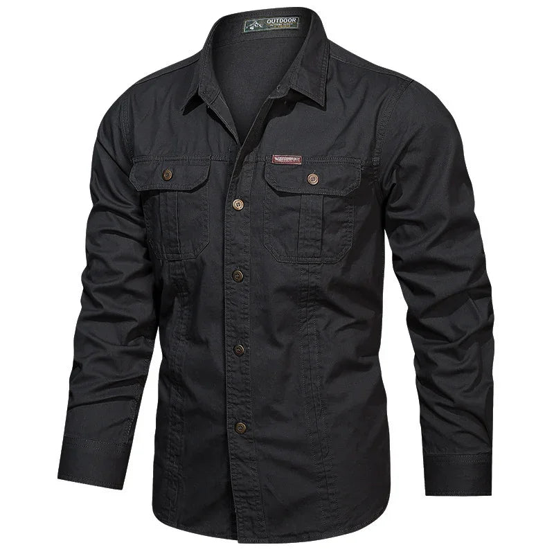 men's black long sleeve outdoor button-up shirt with flap chest pockets