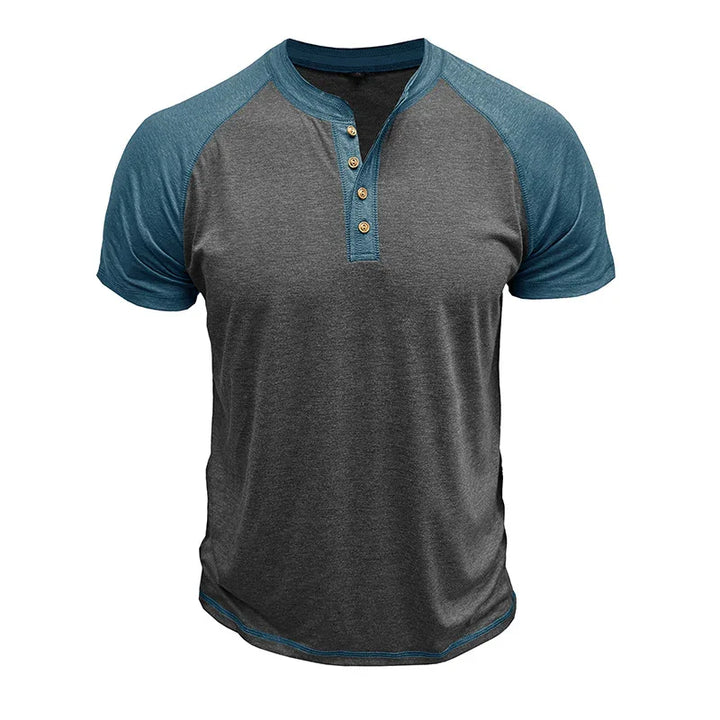 Men's short sleeve henley shirt with blue raglan sleeves and charcoal gray body