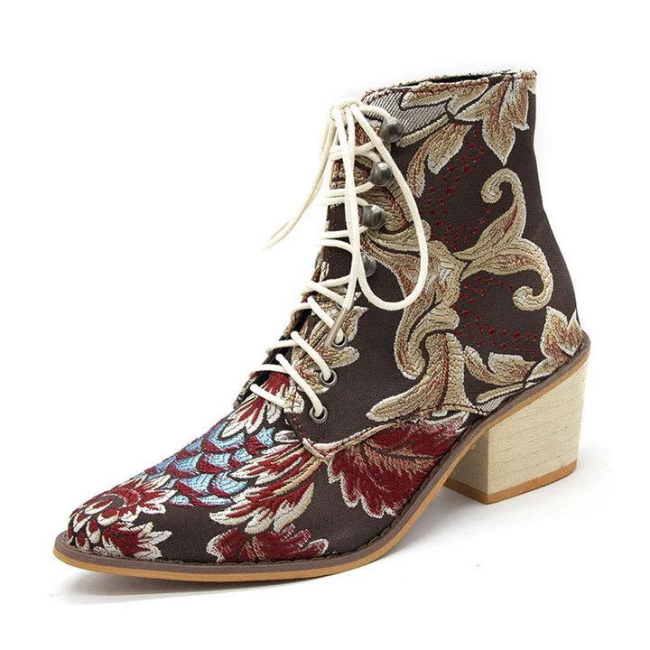 Brown lace-up ankle boot with floral embroidery and low wooden block heel
