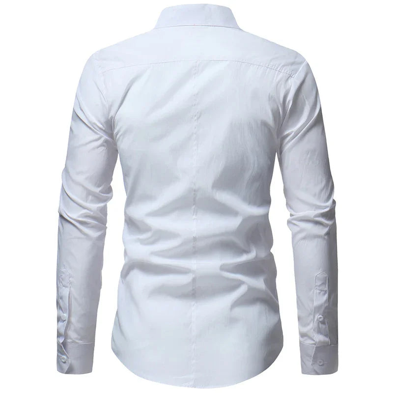 Back view of a slim fit white long sleeve dress shirt with buttoned cuffs