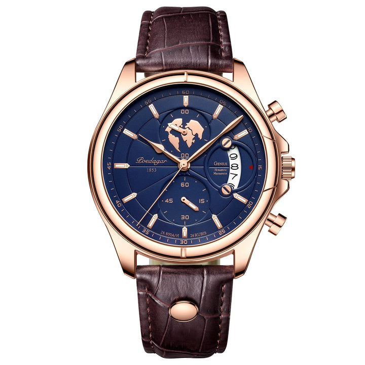 Luxury men's wristwatch with blue dial, rose gold case, world map detail, and brown leather strap