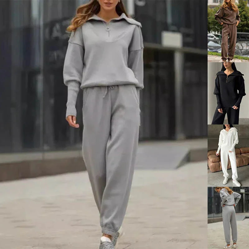 Woman wearing gray zip collar knit sweater and matching jogger pants casual loungewear outfit