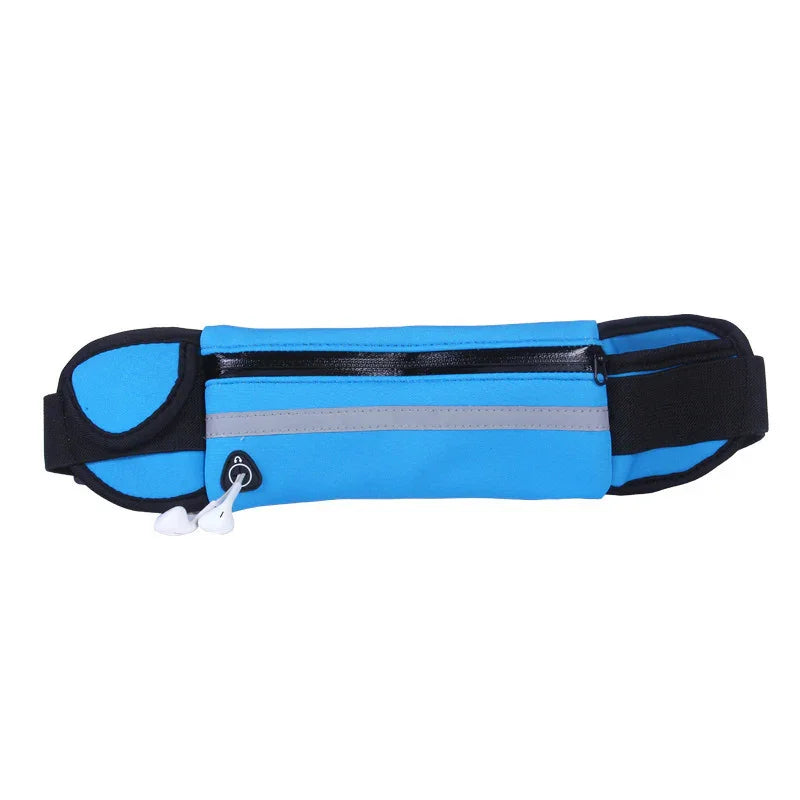 Blue and black running waist belt with zipper pocket and earphone hole