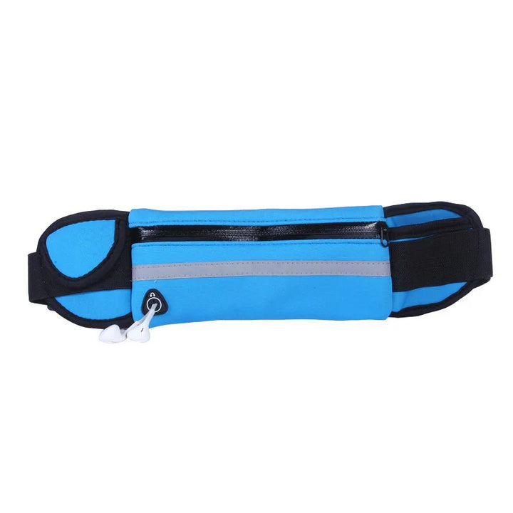 Blue and black running waist belt with zipper pocket and earphone hole