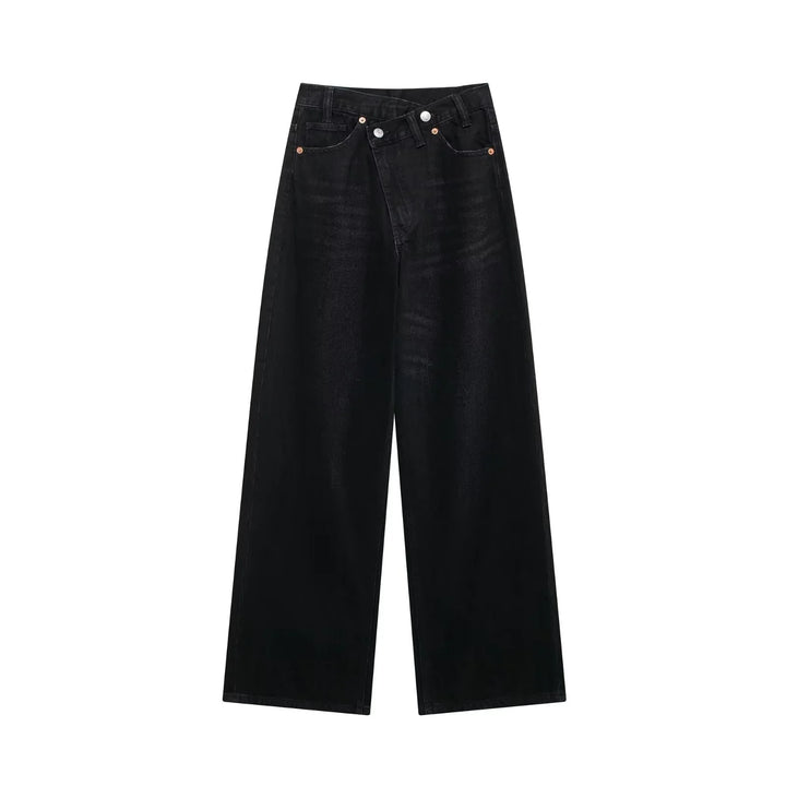 Black wide-leg denim jeans with high waist and button closure front