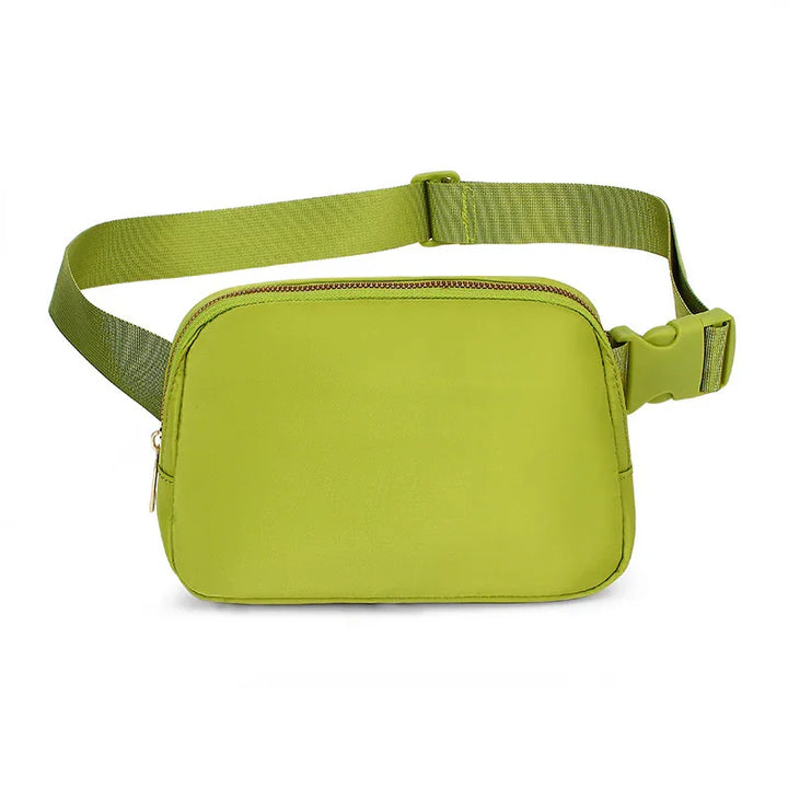 Bright green nylon waist bag with adjustable strap and zipper closure