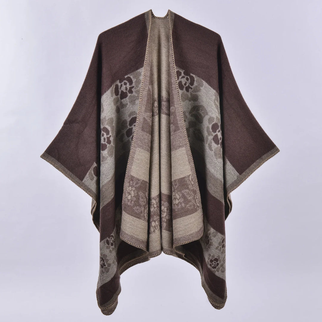 Brown and beige floral patterned woolen shawl or cape with open front and blanket stitch edges