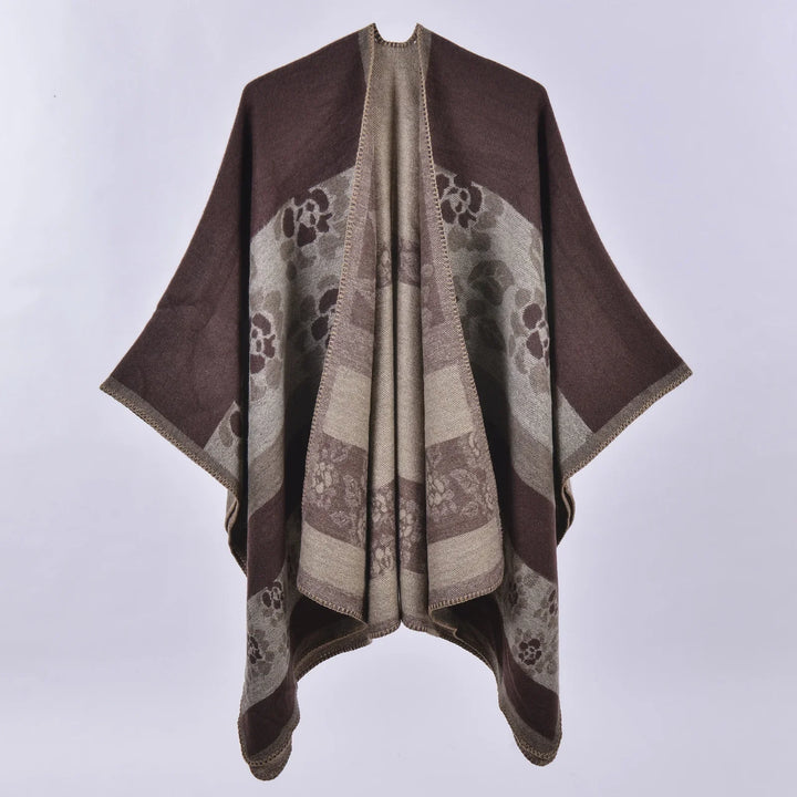 Brown and beige floral patterned woolen shawl or cape with open front and blanket stitch edges