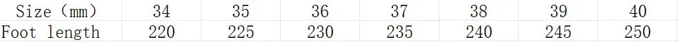 Size chart table showing shoe sizes 34-40 with corresponding foot lengths in millimeters