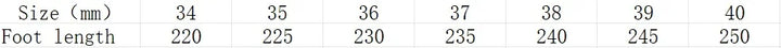 Size chart table showing shoe sizes 34-40 with corresponding foot lengths in millimeters