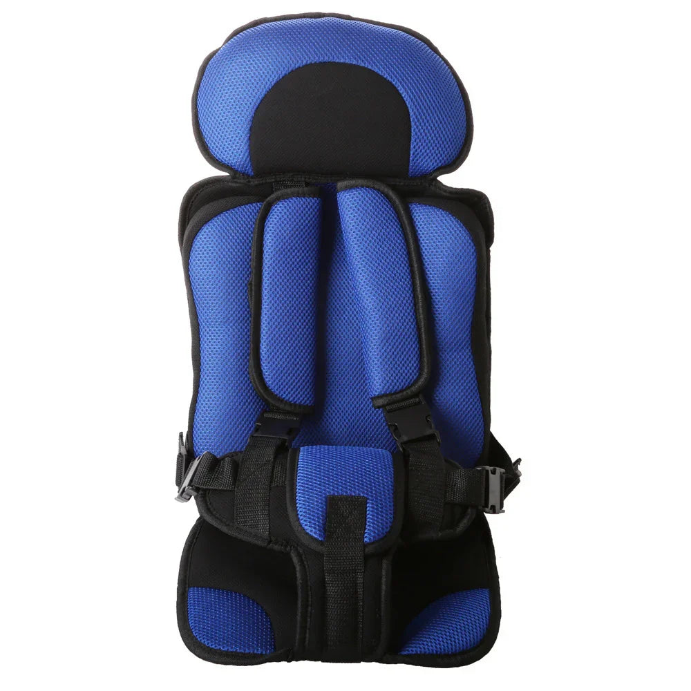 Blue and black padded child safety car seat with adjustable straps and headrest