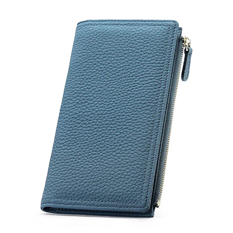 blue textured leather wallet with zipper closure on white background