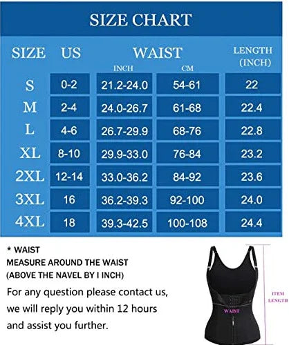 Waist trainer size chart with measurements in inches and cm, and product image at bottom right