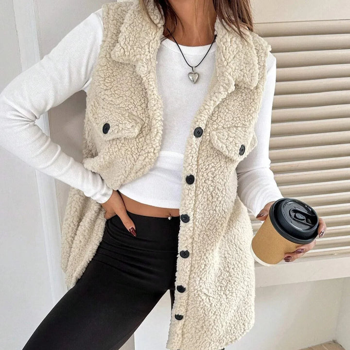 Woman wearing beige sherpa buttoned vest over white crop top with black leggings, holding coffee cup