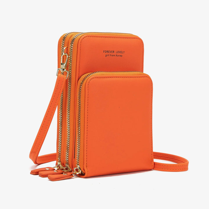 Orange crossbody bag with double zip compartments and strap, text Forever Lovely girl from Korea