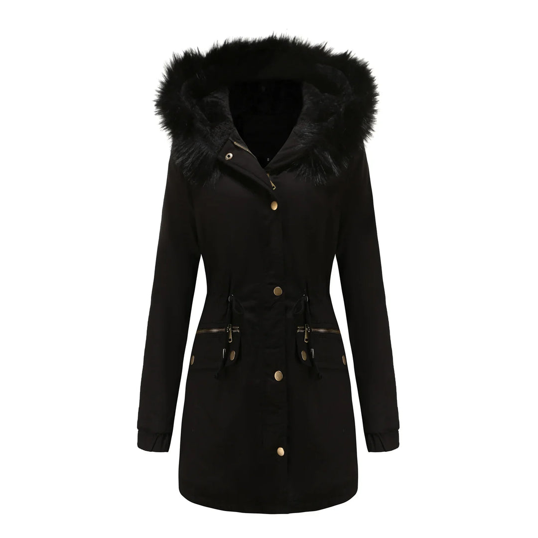 Black women's winter parka with faux fur hood, front zipper, snap buttons, and zippered pockets