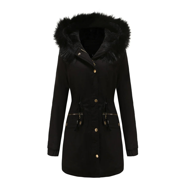 Black women's winter parka with faux fur hood, front zipper, snap buttons, and zippered pockets
