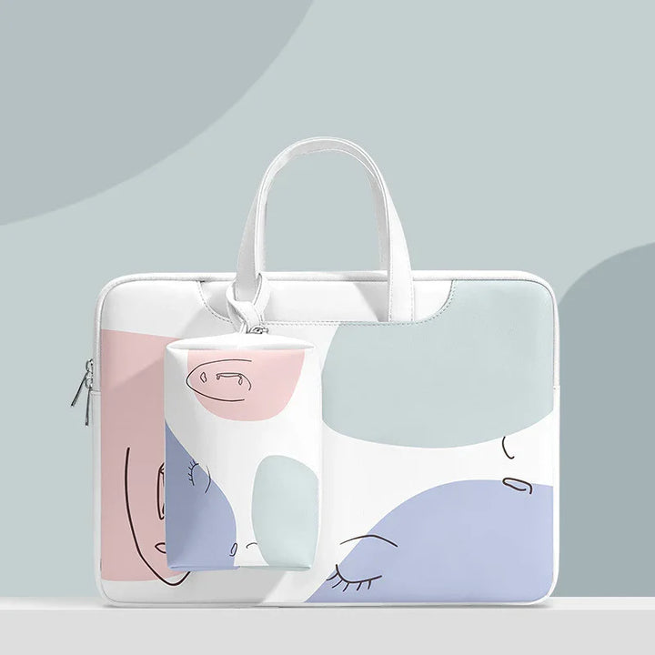 Modern laptop bag and pouch set with abstract face line art in pastel pink, blue, and white colors