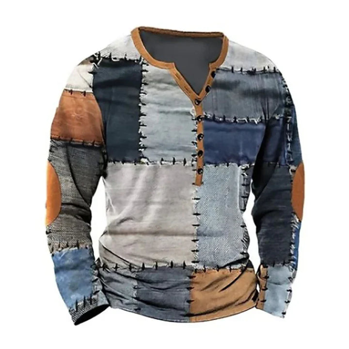 Men's long sleeve patchwork shirt in blue, gray, and brown with buttoned V-neck and elbow patches