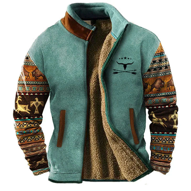 Turquoise sherpa fleece jacket with Native American buffalo and geometric patterned sleeves and crossed arrows logo