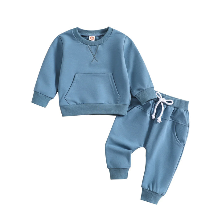 Blue toddler sweatshirt and matching sweatpants set with front pocket and drawstring waist