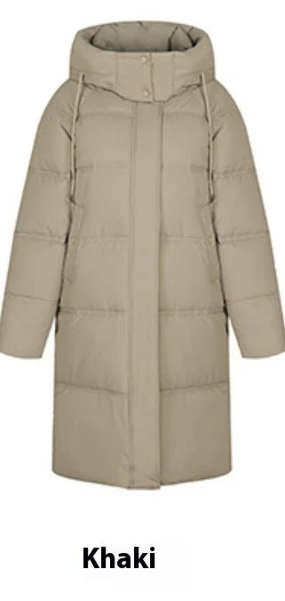 Khaki long puffer coat with high collar and front snap button closure