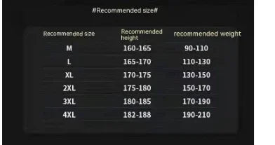 Clothing size chart showing recommended sizes from M to 4XL with corresponding height and weight ranges