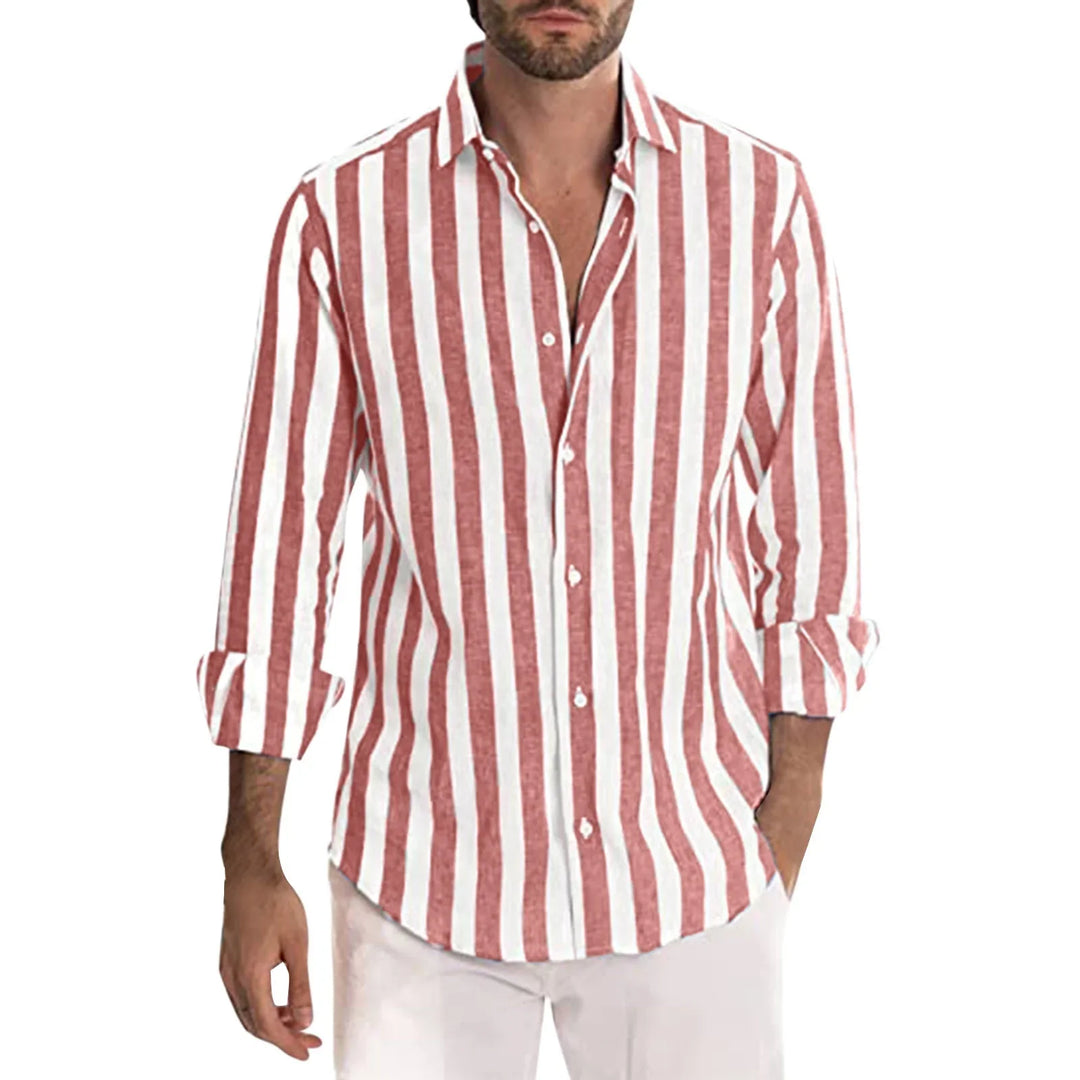 Man wearing red and white vertical striped button-up shirt with rolled-up sleeves