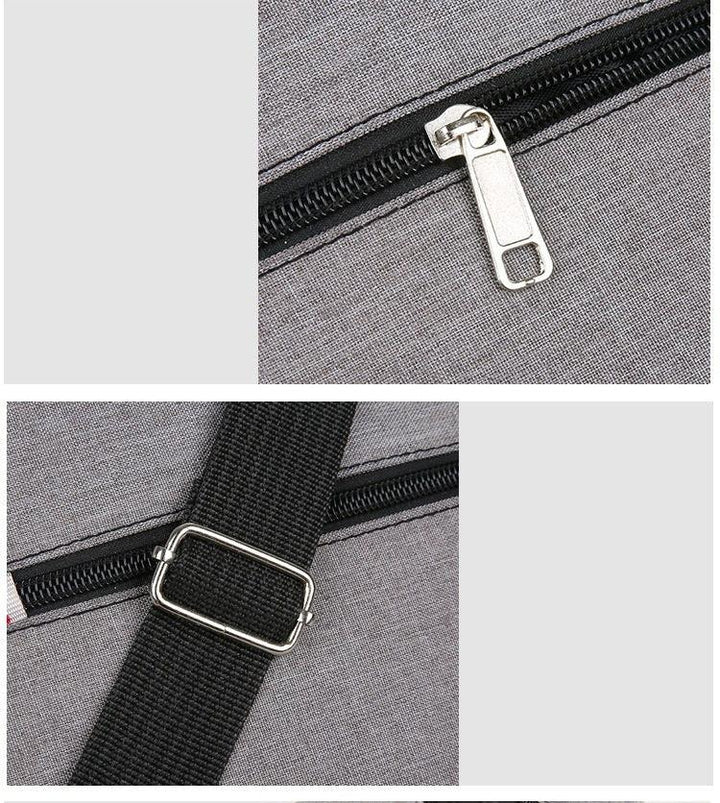 Close-up of gray fabric bag featuring black zipper with metal pull and adjustable black strap buckle