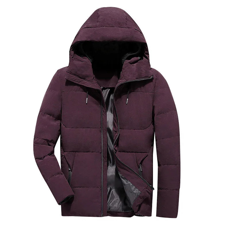 Men's dark purple padded winter jacket with hood and zipper, open front showing inner lining