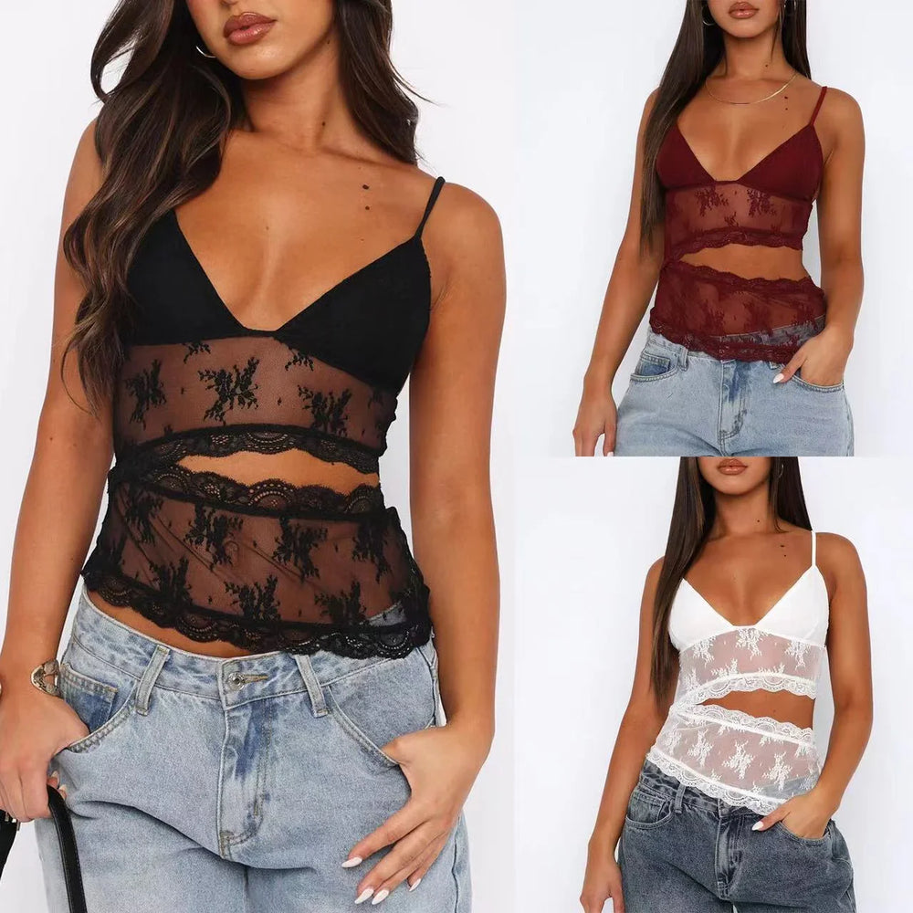 Women modeling sheer lace crop tops in black, red, and white with denim jeans on white background