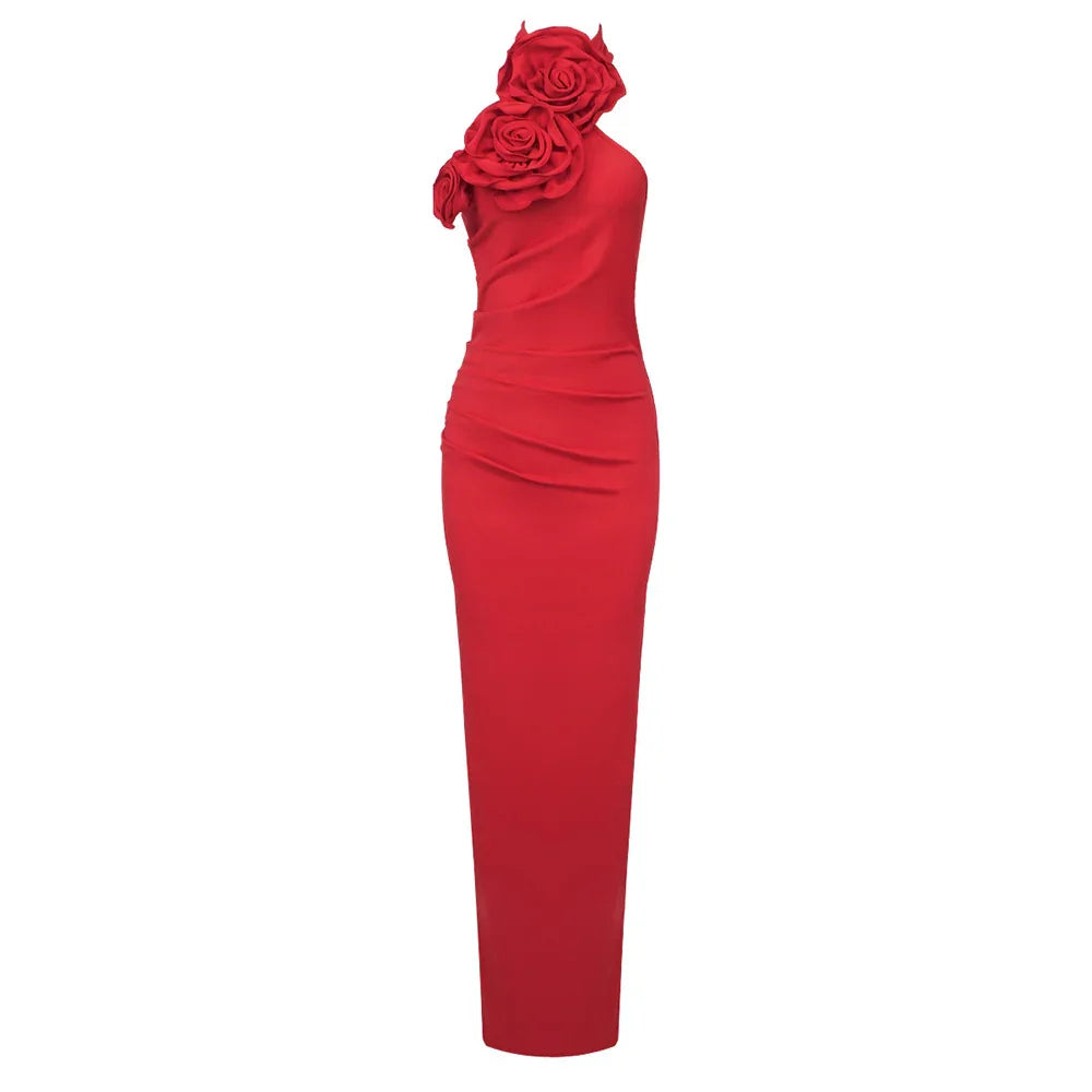 Elegant red sleeveless evening gown with 3D floral appliques on shoulder and fitted silhouette