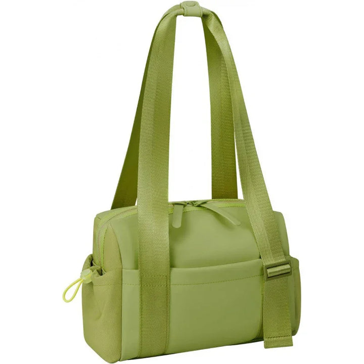 Light green compact shoulder bag with adjustable straps and zipper closure