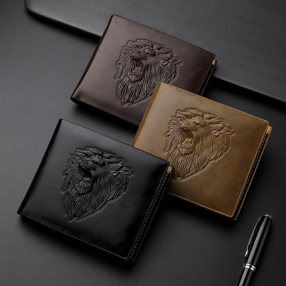 Three leather wallets embossed with roaring lion design in black, brown, and tan on dark surface