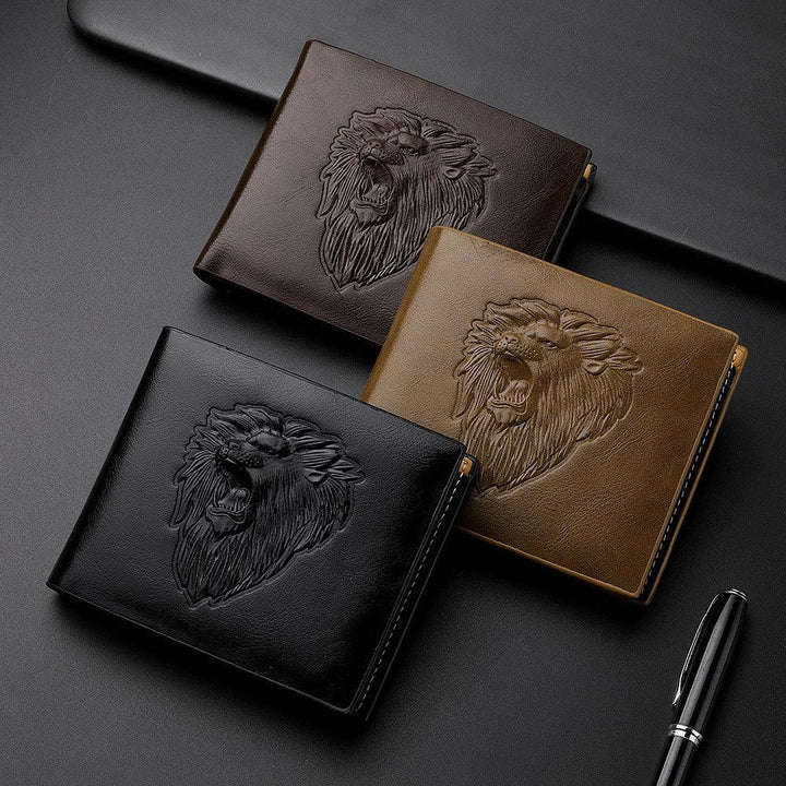 Three leather wallets embossed with roaring lion design in black, brown, and tan on dark surface