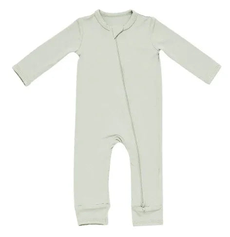 Light gray long-sleeve baby romper with front zipper and round neckline