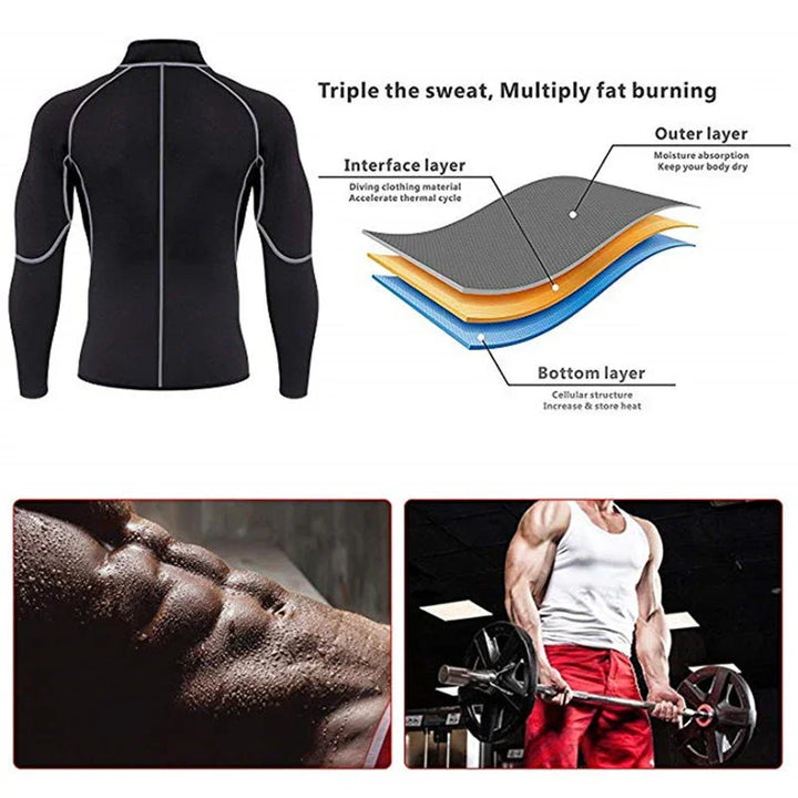 Black long sleeve sauna suit, sweat vest layer diagram, fitness and bodybuilding workout results.