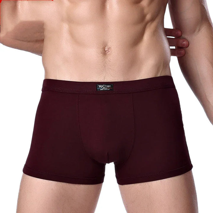 Close-up of a male torso wearing dark maroon YaChen men's boxer briefs underwear